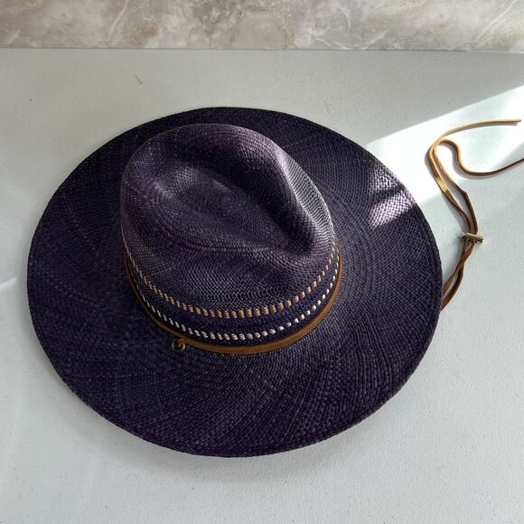 Freya Wide Brim Fedora Women's L Gazania Hat 100% Straw Purple Leather Band - Picture 8 of 16